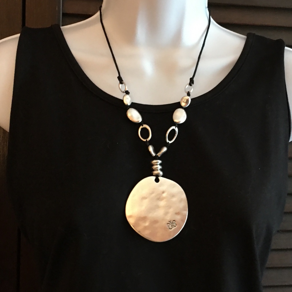 Bella Uno Statement Large Disc Pendant Necklace, Silver Beads, Black Cord, Nwt